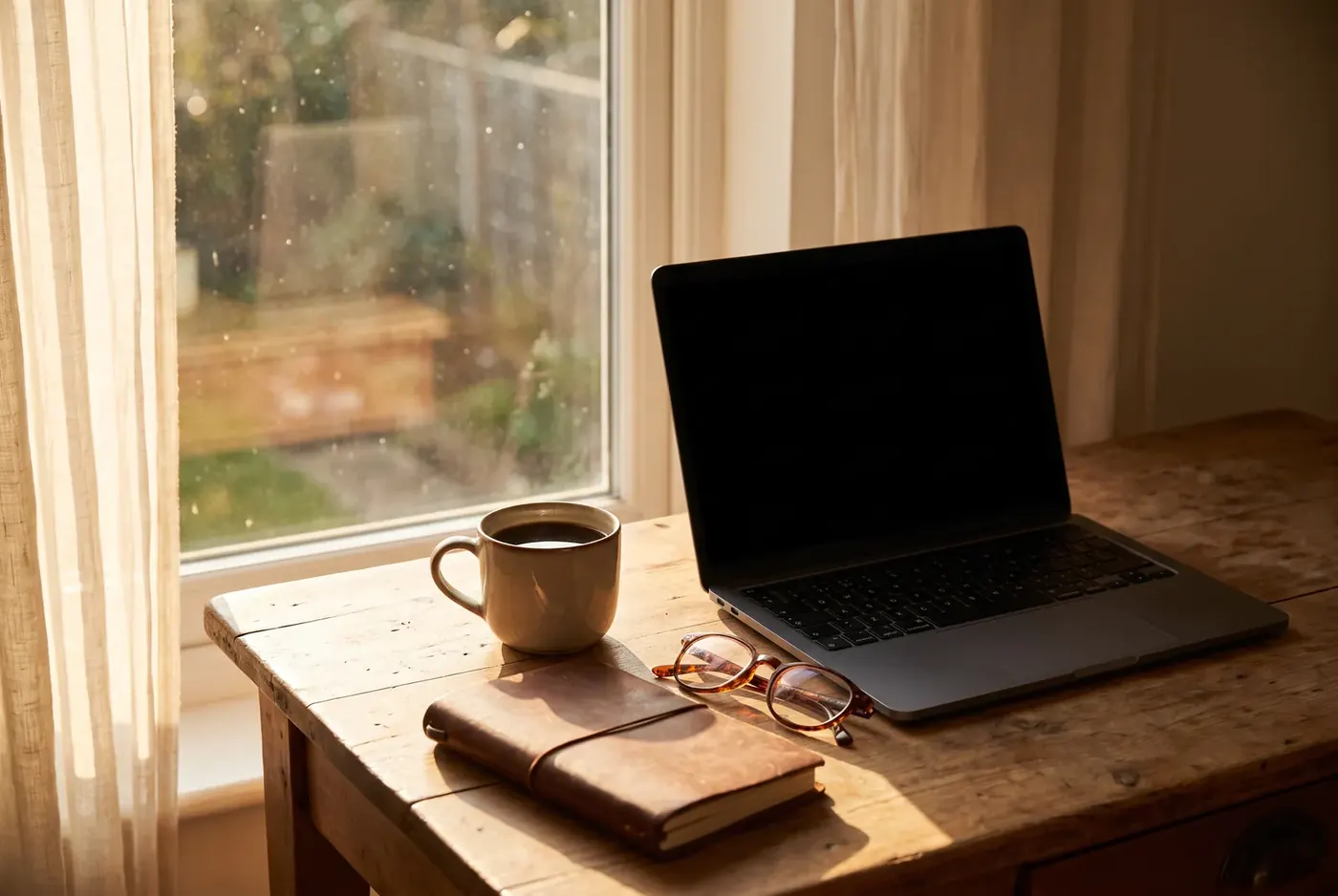 A desk by a window with a laptop and coffee