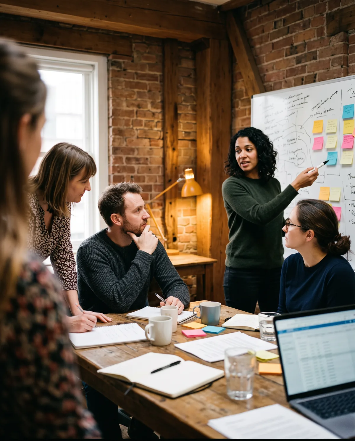 A leadership team working through priorities at a whiteboard